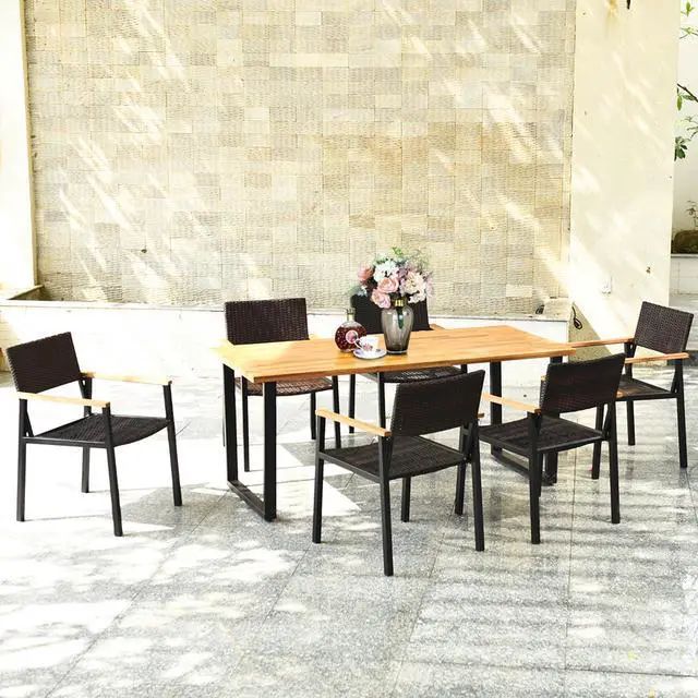 Alt view image 2 of 7 - Costway 7PCS Patio Rattan Patented Dining Chair Table Set Solid Wood Frame Umbrella Hole