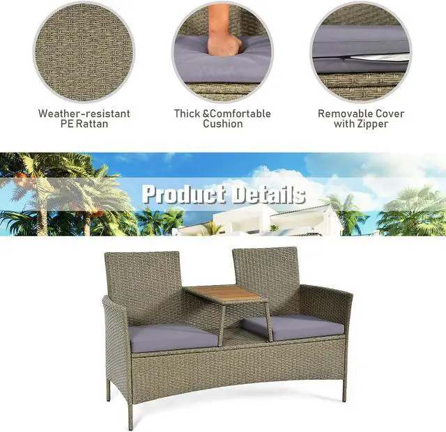 Alt view image 4 of 7 - Costway 2-Person Patio Rattan Conversation Furniture Set Loveseat Coffee Table