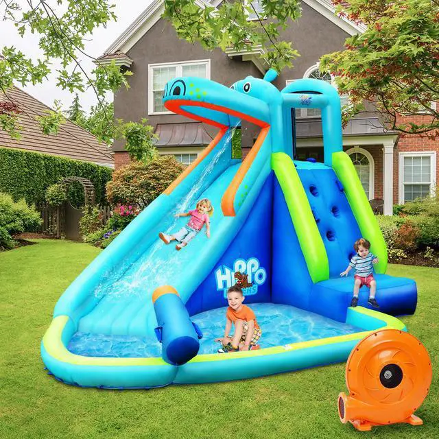 Alt view image 2 of 11 - Costway Inflatable Kids Hippo Bounce House Slide Climbing Wall Splash Pool w/740W Blower