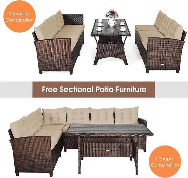 Alt view image 6 of 7 - Costway 3PCS Rattan Dining Set Patio Furniture 6 Seats Sofa Cushioned