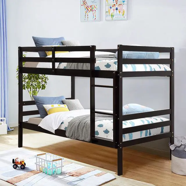 Alt view image 2 of 7 - Costway Twin Over Twin Wood Bunk Beds Ladder Safety Rail Espresso