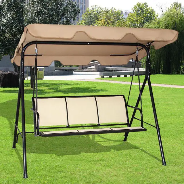 Main image of Costway 3 Person Outdoor Patio Swing Canopy Awning Yard Furniture Hammock Steel Beige