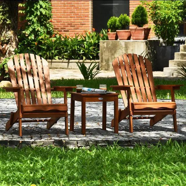 Alt view image 5 of 7 - Costway 3PCS  Patio Wooden Adirondack Chair Table Set Folding Seat Furniture Garden