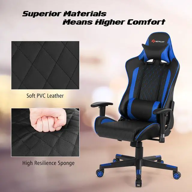 Alt view image 7 of 7 - Massage Gaming Chair Reclining Racing Chair w/Lumbar Support and Headrest Blue