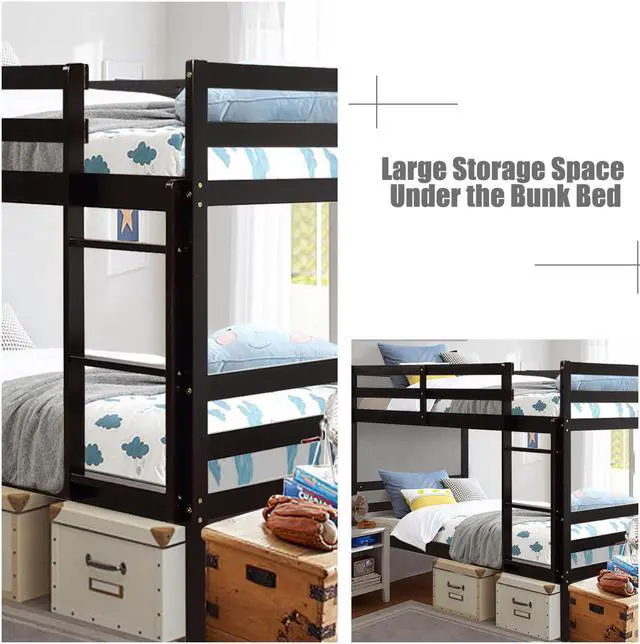 Alt view image 5 of 7 - Costway Twin Over Twin Wood Bunk Beds Ladder Safety Rail Espresso
