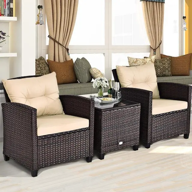 Alt view image 5 of 7 - Costway 3PCS Patio Rattan Furniture Set Cushioned Conversation Set Sofa Coffee Table Beige