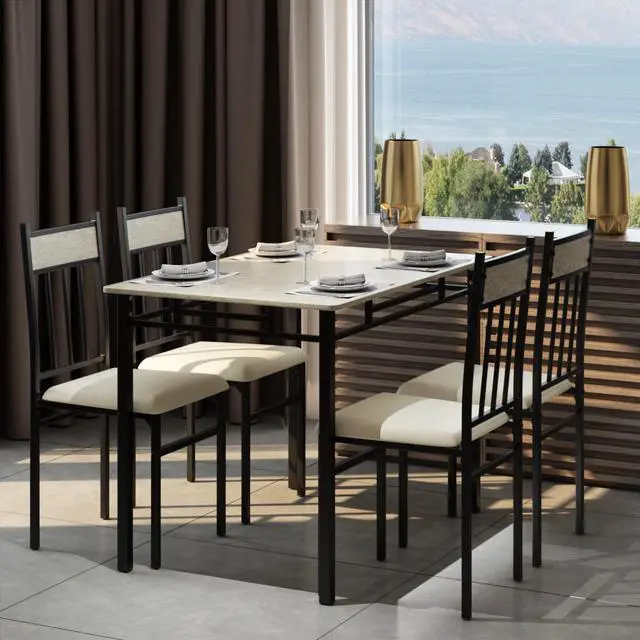 Alt view image 2 of 6 - Costway 5 Piece Faux Marble Dining Set Table and 4 Chairs Kitchen Breakfast Furniture