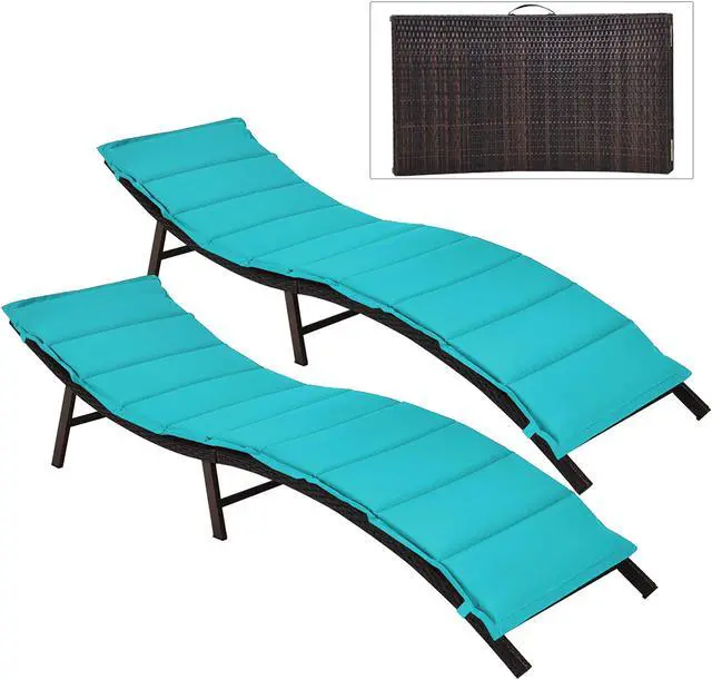 Alt view image 4 of 7 - Costway 2PCS Patio Rattan Folding Lounge Chair Chaise Double Sided Cushion Turquoise