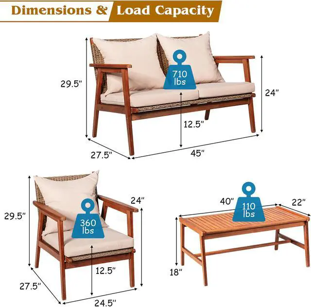 Alt view image 3 of 6 - Costway 8PCS Patio Rattan Furniture Set Acacia Wood Frame Cushioned Sofa Chair Garden