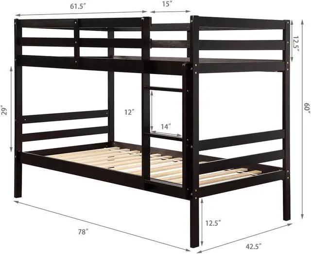 Alt view image 3 of 7 - Costway Twin Over Twin Wood Bunk Beds Ladder Safety Rail Espresso
