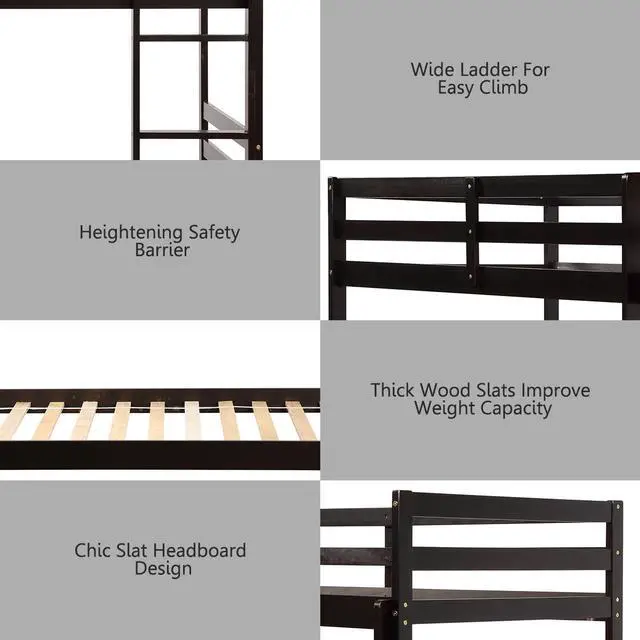 Alt view image 7 of 7 - Costway Twin Over Twin Wood Bunk Beds Ladder Safety Rail Espresso