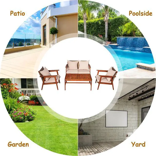 Alt view image 5 of 6 - Costway 8PCS Patio Rattan Furniture Set Acacia Wood Frame Cushioned Sofa Chair Garden