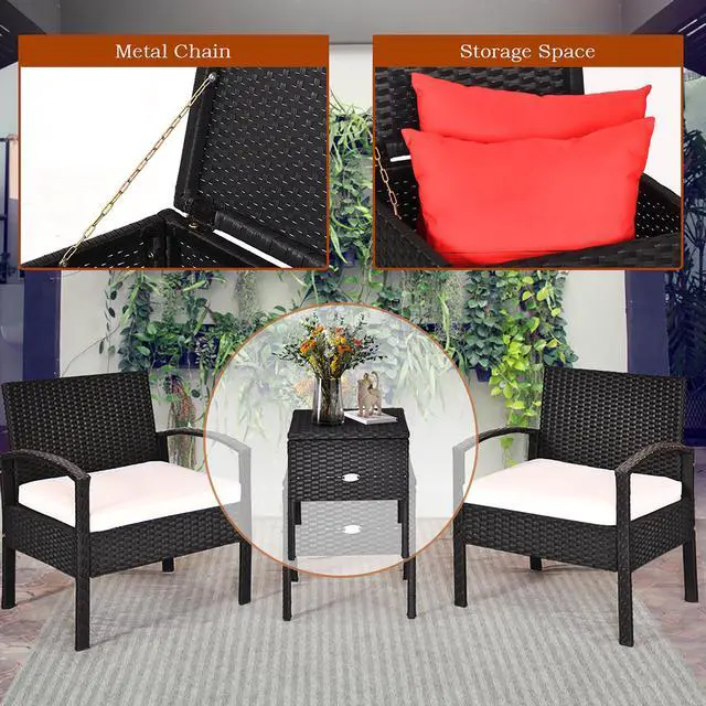 Alt view image 6 of 7 - Costway 3PC Outdoor Patio Rattan Furniture Set Storage Coffee Table Cushioned Sofa White