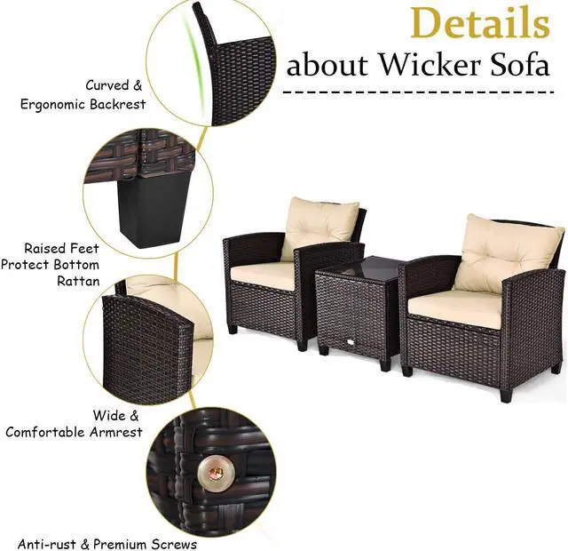 Alt view image 7 of 7 - Costway 3PCS Patio Rattan Furniture Set Cushioned Conversation Set Sofa Coffee Table Beige