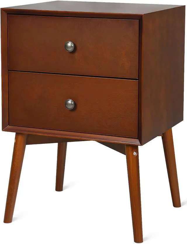 Main image of Costway Nightstand Mid-Century End Side Table 2 Drawers Rubber Wood Legs Living Room