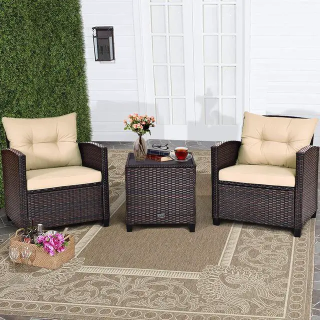 Main image of Costway 3PCS Patio Rattan Furniture Set Cushioned Conversation Set Sofa Coffee Table Beige