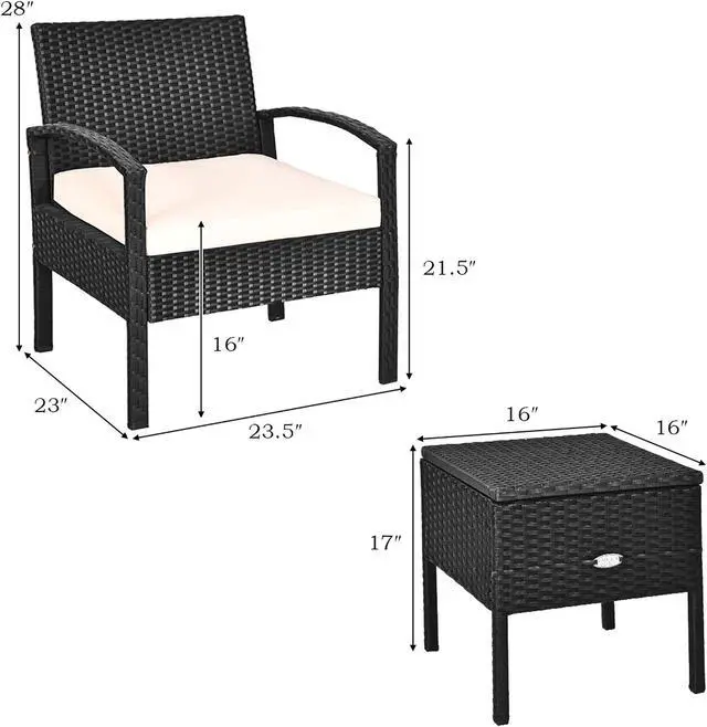 Alt view image 3 of 7 - Costway 3PC Outdoor Patio Rattan Furniture Set Storage Coffee Table Cushioned Sofa White