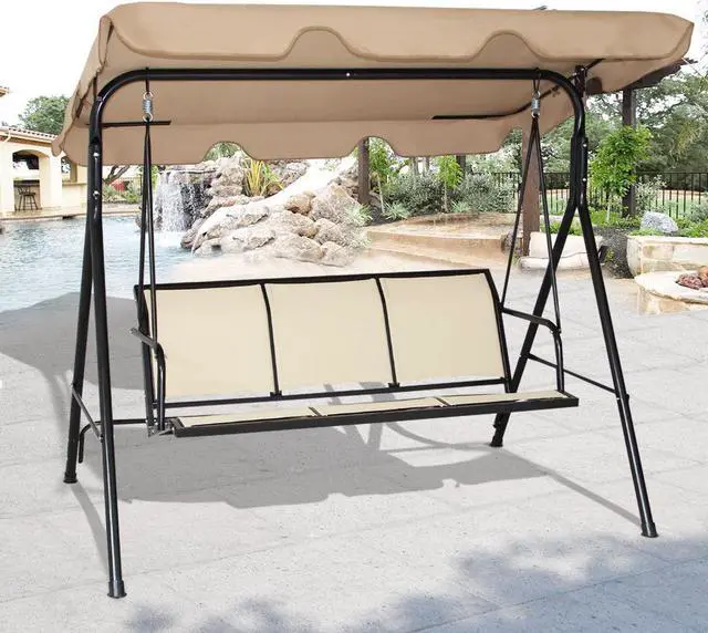 Alt view image 2 of 6 - Costway 3 Person Outdoor Patio Swing Canopy Awning Yard Furniture Hammock Steel Beige