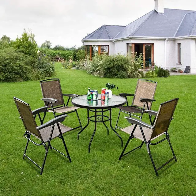 Alt view image 2 of 6 - Costway 5PCS Bistro Patio Furniture Set 4 Folding Adjustable Chairs Glass Table W/Hole