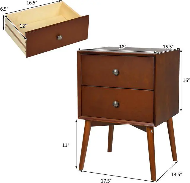 Alt view image 3 of 7 - Costway Nightstand Mid-Century End Side Table 2 Drawers Rubber Wood Legs Living Room