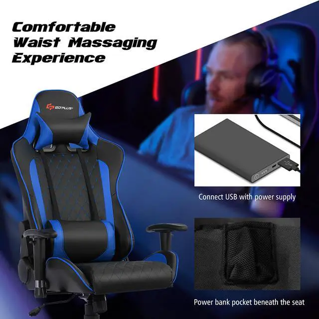 Alt view image 5 of 7 - Massage Gaming Chair Reclining Racing Chair w/Lumbar Support and Headrest Blue