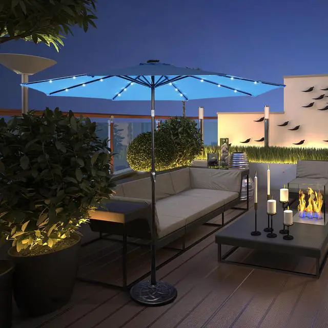 Alt view image 2 of 7 - Costway 10' Solar LED Lighted Patio Market Umbrella Tilt Adjustment Crank Blue
