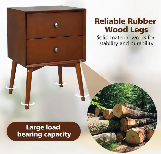 Alt view image 7 of 7 - Costway Nightstand Mid-Century End Side Table 2 Drawers Rubber Wood Legs Living Room