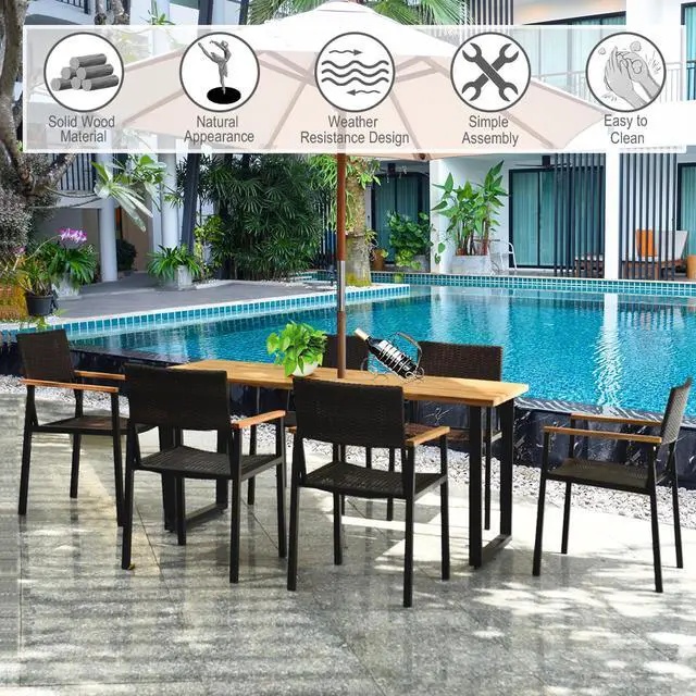 Alt view image 5 of 7 - Costway 7PCS Patio Rattan Patented Dining Chair Table Set Solid Wood Frame Umbrella Hole