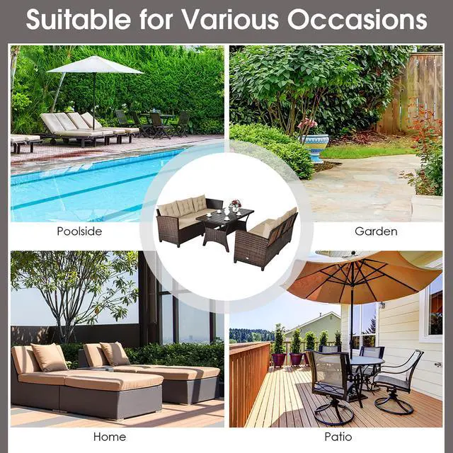 Alt view image 4 of 7 - Costway 3PCS Rattan Dining Set Patio Furniture 6 Seats Sofa Cushioned