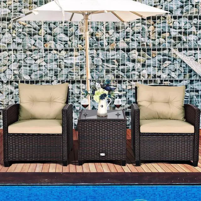 Alt view image 2 of 7 - Costway 3PCS Patio Rattan Furniture Set Cushioned Conversation Set Sofa Coffee Table Beige
