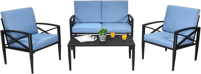 Alt view image 2 of 6 - Costway 4PCS Patio Furniture Set Aluminum Frame Cushioned Sofa Chair Coffee Table Blue