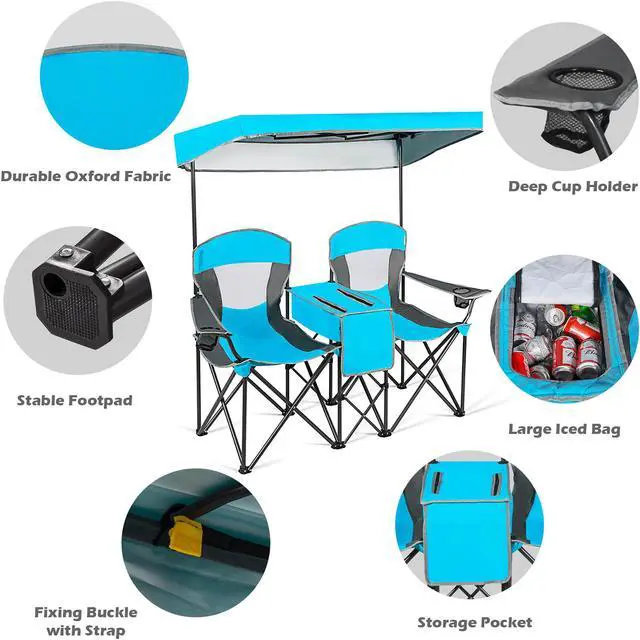 Alt view image 7 of 7 - Goplus Portable Folding Camping Canopy Chairs w/ Cup Holder Cooler Outdoor Blue