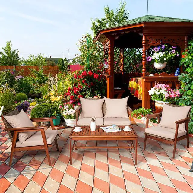 Main image of Costway 4PCS Outdoor Rattan Furniture Set Acacia Wood Table Cushioned Sofa Chair Garden