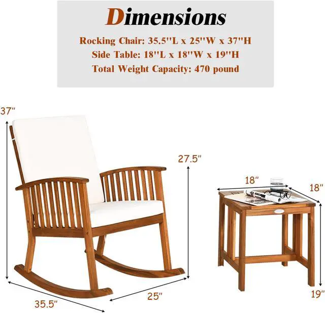 Alt view image 3 of 7 - Costway 2PCS Acacia Wood Patio Rocking Chair Set Cushioned Coffee Table