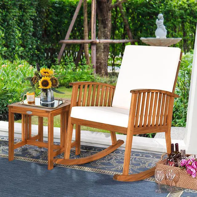 Alt view image 2 of 7 - Costway 2PCS Acacia Wood Patio Rocking Chair Set Cushioned Coffee Table