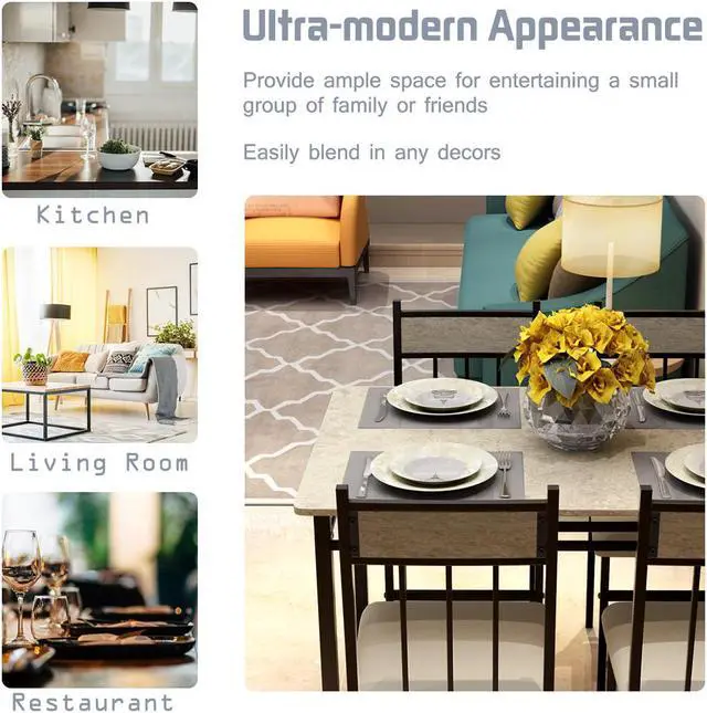 Alt view image 5 of 6 - Costway 5 Piece Faux Marble Dining Set Table and 4 Chairs Kitchen Breakfast Furniture