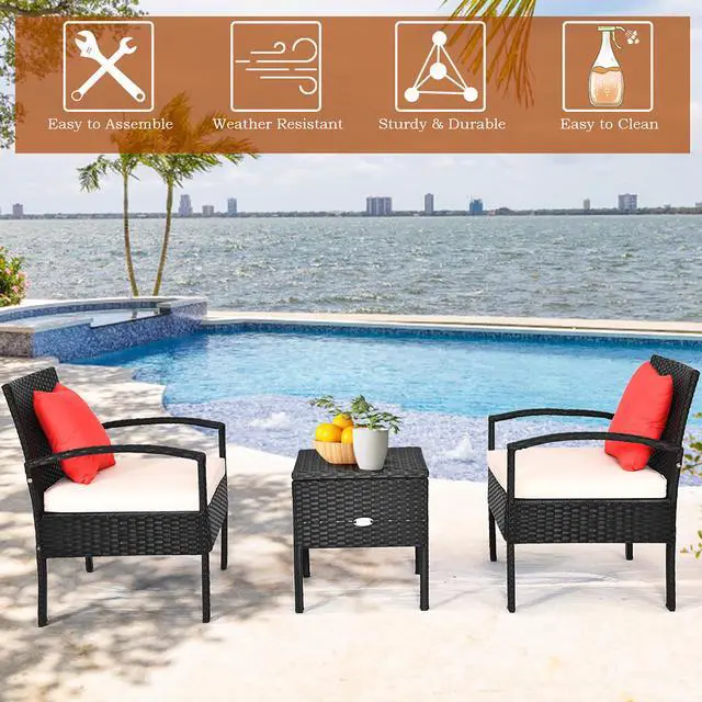 Alt view image 5 of 7 - Costway 3PC Outdoor Patio Rattan Furniture Set Storage Coffee Table Cushioned Sofa White