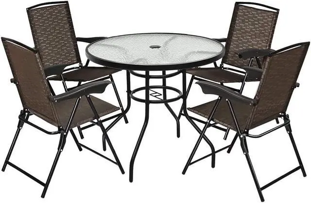 Main image of Costway 5PCS Bistro Patio Furniture Set 4 Folding Adjustable Chairs Glass Table W/Hole