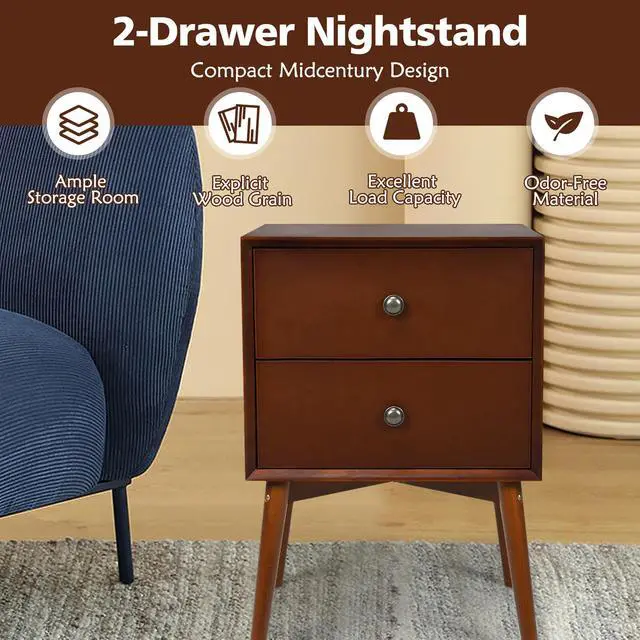 Alt view image 5 of 7 - Costway Nightstand Mid-Century End Side Table 2 Drawers Rubber Wood Legs Living Room
