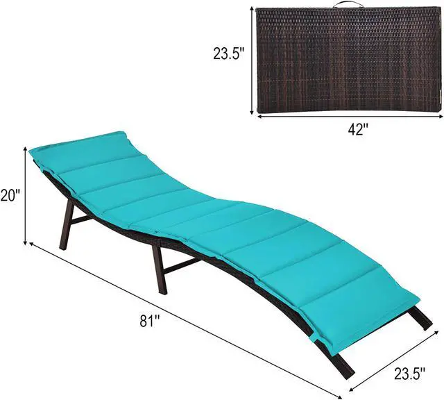Alt view image 3 of 7 - Costway 2PCS Patio Rattan Folding Lounge Chair Chaise Double Sided Cushion Turquoise