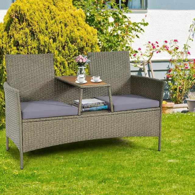 Alt view image 3 of 7 - Costway 2-Person Patio Rattan Conversation Furniture Set Loveseat Coffee Table