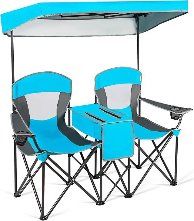 Alt view image 2 of 7 - Goplus Portable Folding Camping Canopy Chairs w/ Cup Holder Cooler Outdoor Blue