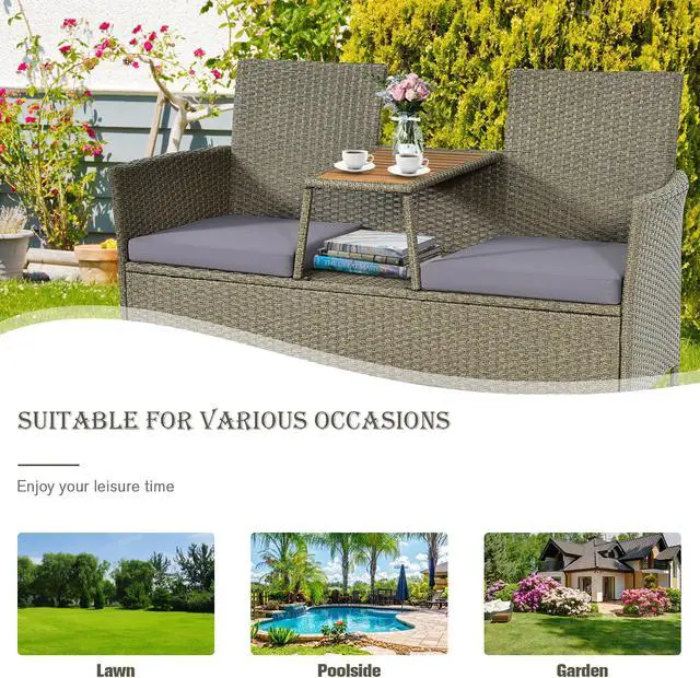 Alt view image 7 of 7 - Costway 2-Person Patio Rattan Conversation Furniture Set Loveseat Coffee Table