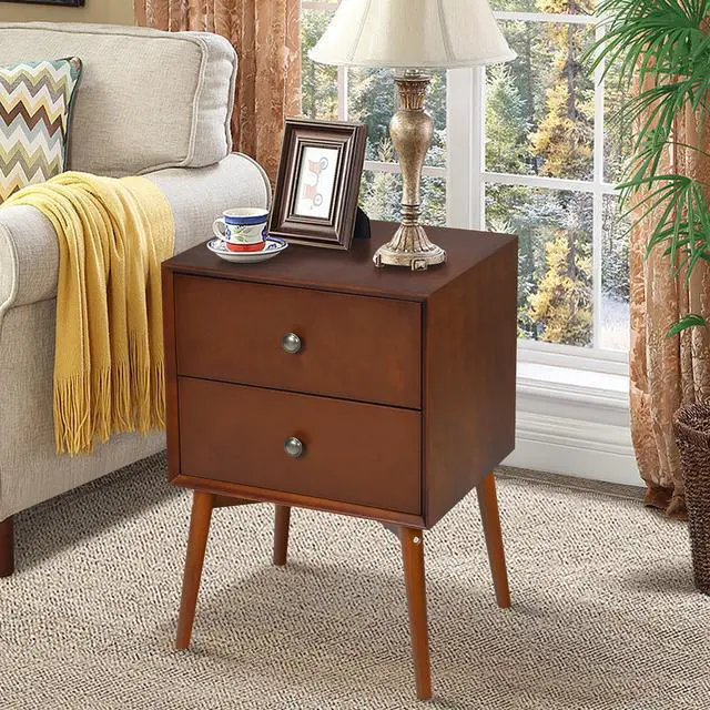 Alt view image 4 of 7 - Costway Nightstand Mid-Century End Side Table 2 Drawers Rubber Wood Legs Living Room