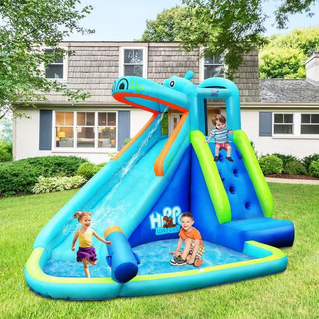 Alt view image 4 of 11 - Costway Inflatable Kids Hippo Bounce House Slide Climbing Wall Splash Pool w/740W Blower