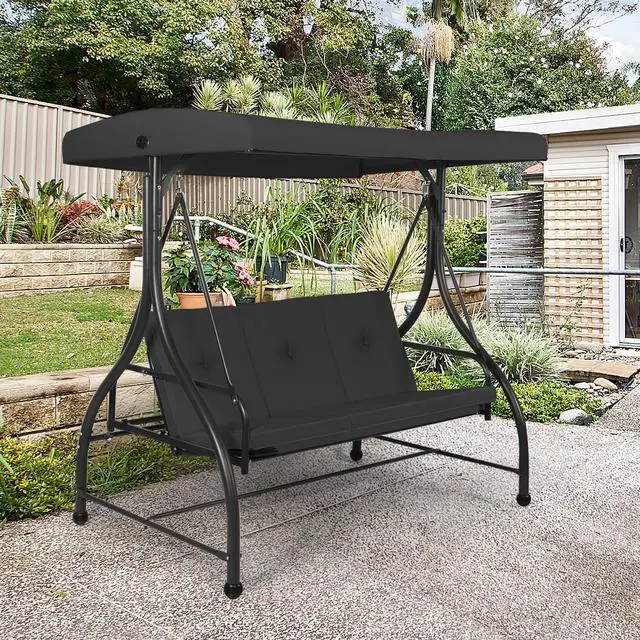 Alt view image 3 of 11 - Costway Converting Outdoor Swing Canopy Hammock 3 Seats Patio Deck Furniture Black