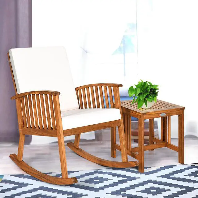 Alt view image 4 of 7 - Costway 2PCS Acacia Wood Patio Rocking Chair Set Cushioned Coffee Table