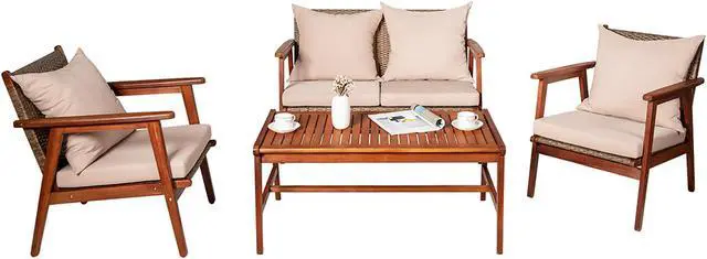 Alt view image 2 of 7 - Costway 4PCS Outdoor Rattan Furniture Set Acacia Wood Table Cushioned Sofa Chair Garden