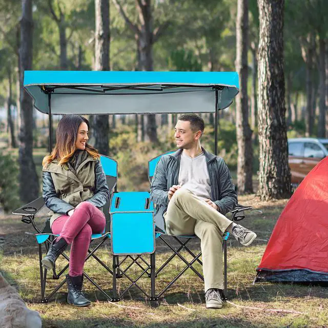 Main image of Goplus Portable Folding Camping Canopy Chairs w/ Cup Holder Cooler Outdoor Blue
