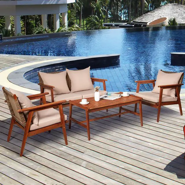 Alt view image 4 of 6 - Costway 8PCS Patio Rattan Furniture Set Acacia Wood Frame Cushioned Sofa Chair Garden